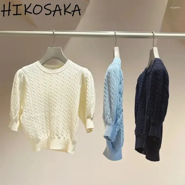 Kadın Sweaters Bahar Japonya Tarzı Şık Kısa Kollu Kazaklar O boyun Vintage Basit Kablo Kalko Kazak 2024 Günlük Örgü