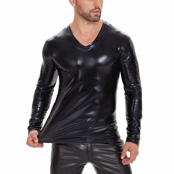 Plus Size Mens Brilhante Patent Leather T-shirt Lg Manga Soft Leather V-neck Tees Masculino High Elastic Sha Vest Sexi V8vN #