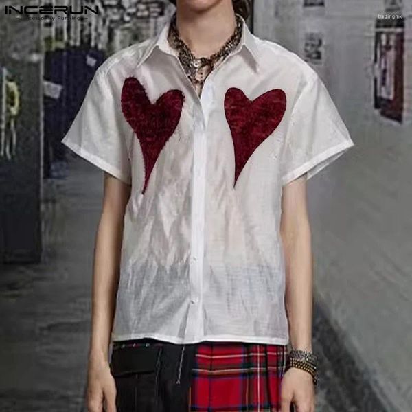 Männer Casual Hemden Mode Stil Tops INCERUN Mens Love Jacquard Fringe Patchwork Männliche Leicht Transparente Kurzarm Bluse S-5XL