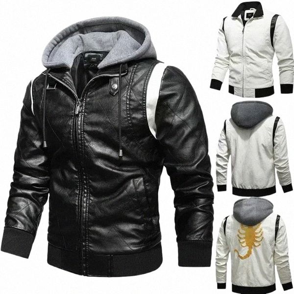 Autunno Inverno Bomber Giacca in pelle da uomo Scorpi Ricamo Giacca con cappuccio PU Pelle Moto Mens Ryan Gosling Drive Jacket d8wD #