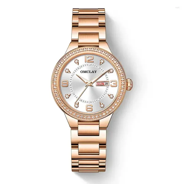 Relógios de pulso elegante diamante relógio mulheres aço inoxidável rosa ouro duplo calendário impermeável senhoras luminosas quartzo