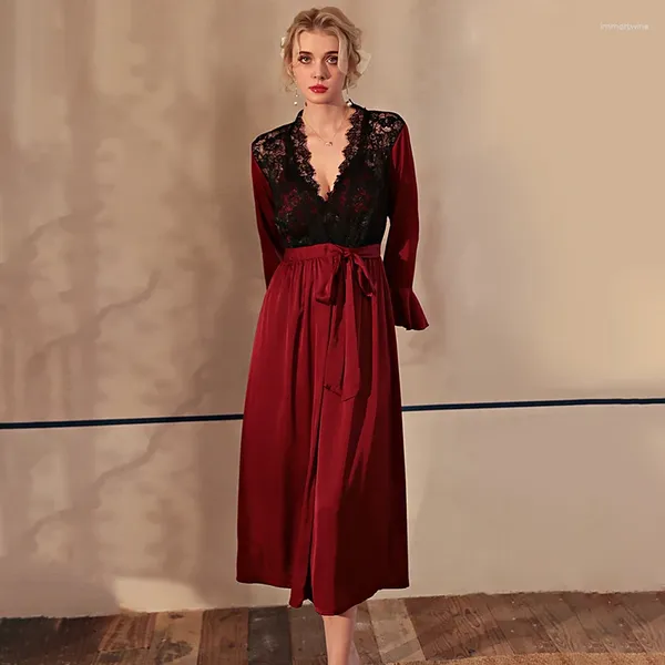 Indumenti da notte da donna Abiti per la casa Autunno e inverno Pizzo a maniche lunghe Scollo a V Abito Kimono Cardigan in raso di seta Pigiama allacciato