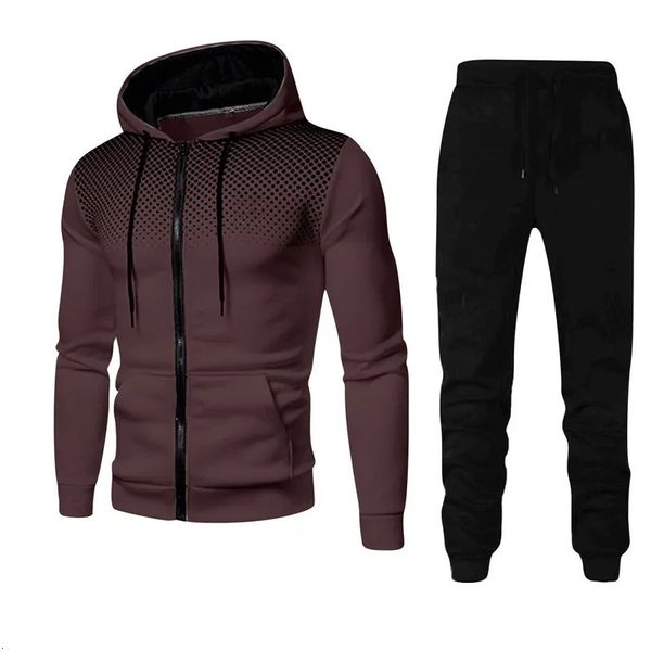 Primavera moda onda ponto streetwear zíper hoodies sweatpant 2 pçs conjunto masculino treino casual jogging terno ao ar livre 240312