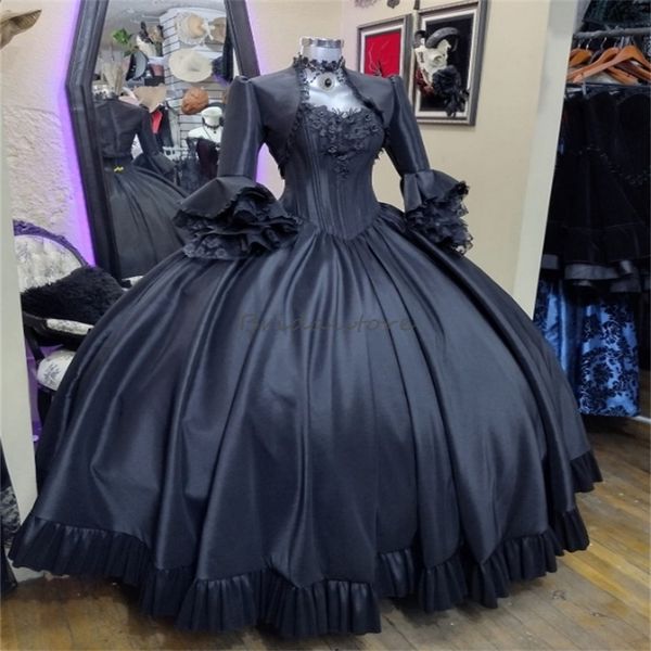 Schwarze historische Rokoko-Abschlussballkleider mit Jacken, 18. Jahrhundert, Europa, Marie-Antoinette-Kostüm, viktorianische mittelalterliche Abendkleider, Satin, 3D-Blumen, Vampir-Gothic