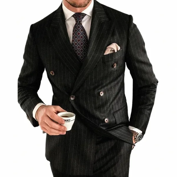 Черные полосатые костюмы для мужчин 2 шт. Повседневный свадебный смокинг Fi Элегантный двубортный мужской костюм с пиковыми лацканами Тонкий Q4Rl #