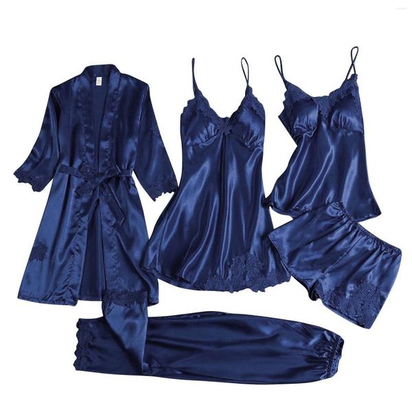 Damen-Nachtwäsche, Damen-Satin-Pyjama-Set, 5-teiliges Damen-Nachthemd, Seiden-Dessous, Nachthemden zum Schlafen, Schlafkleidung, Frau