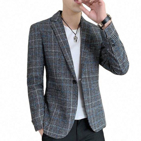 2023 Herren Hochwertiger Anzug Koreanische Version Slim Hübscher Casual Plaid Trend Four Seass Smart Casual Polyester Blazer Y24Y #