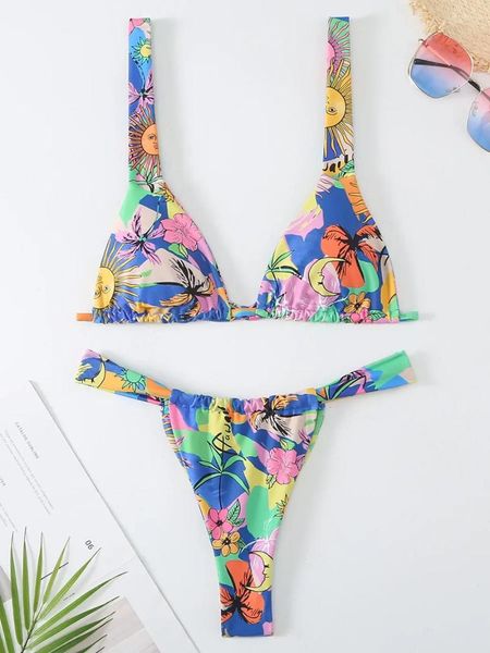 Damenbadebekleidung Blumendruck Bikini 2024 Frauen Badeanzug Tanga Bikinis Weibliche Brasilianische Zwei Stücke Set Badeanzug Schwimmen Dame