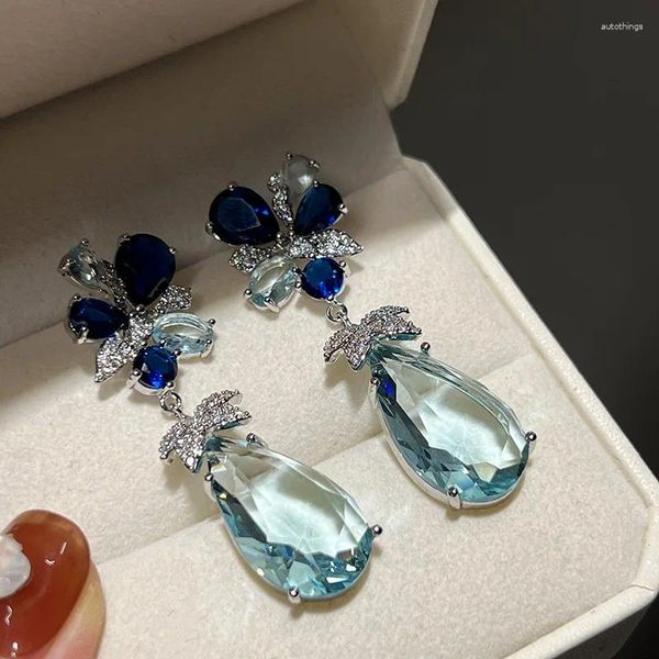 Brincos pendurados azul diamante flor conjunto grande gota de água bebê zircão cristal de luxo