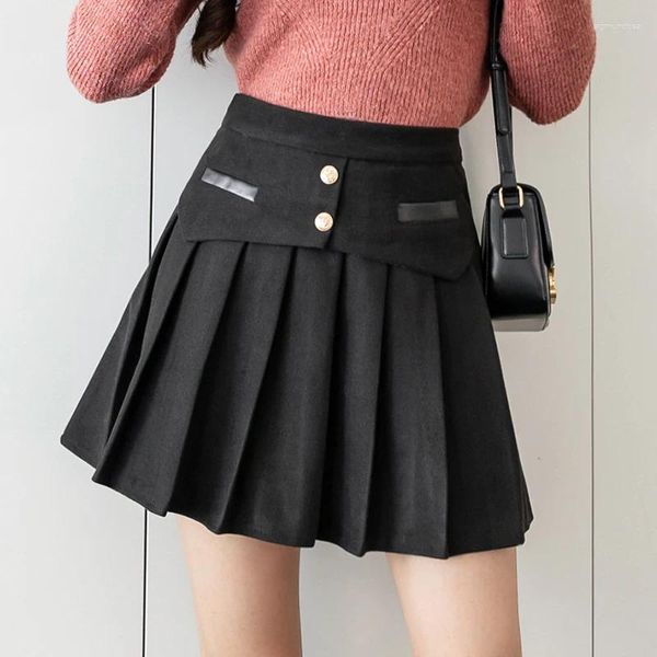 Röcke Hohe Taille Retro Patchwork Mini Wolle Faltenrock Mit Frauen Herbst Winter Schule Kawaii Y2K Warme Kurze Saias Damen