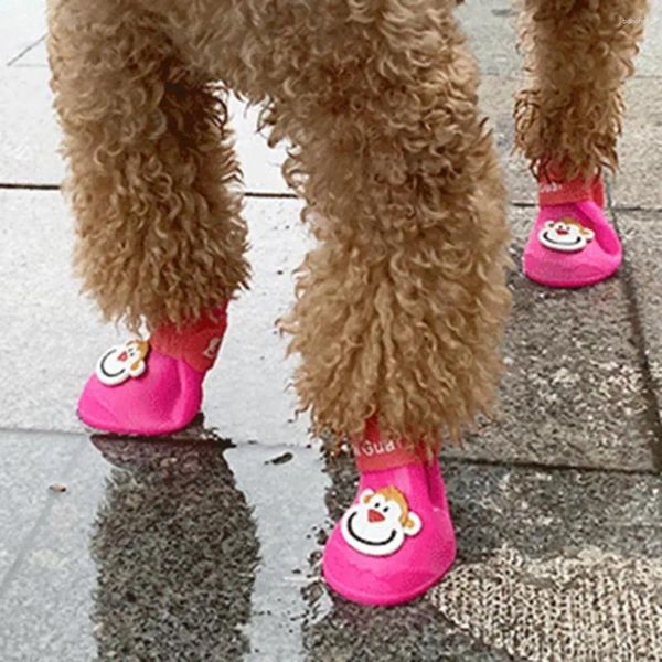 Hundebekleidung, Welpen-Regenschuhe, schönes Haustier-Silikon, wiederverwendbar, niedliches Cartoon-Muster, Befestigungsband