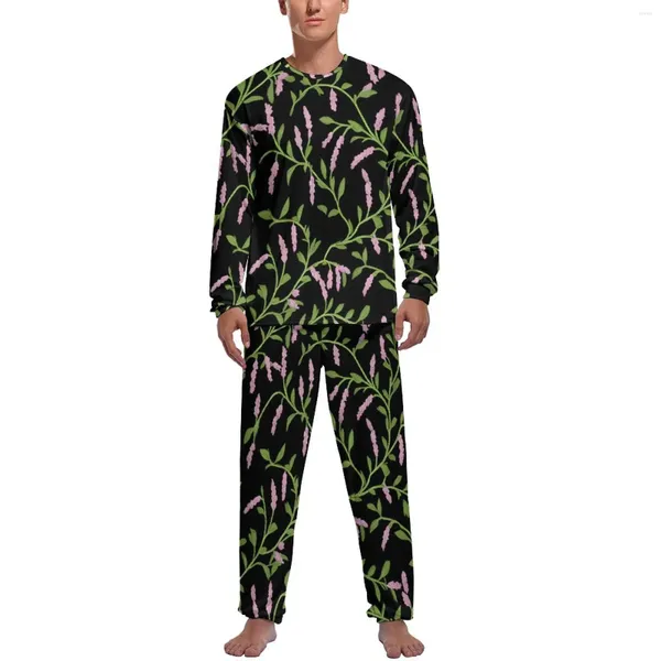 Herren-Nachtwäsche, rosa Blumendruck-Pyjama, langärmelig, grüne Blätter, 2-teilig, Nacht-Pyjama-Sets, Herbst-Herren-Grafik, Kawaii