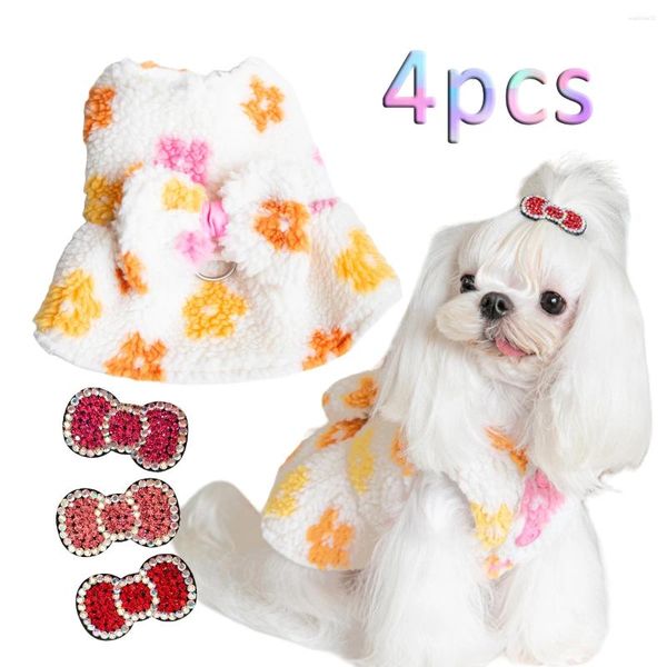Hundebekleidung gemütliches Fleece Shih Tzu -Klamotten Strassstrauch Schmetterling Bogen Haare Clip Set warmes Plüschrock Pelzige Outfit für Yorkie Accessoires