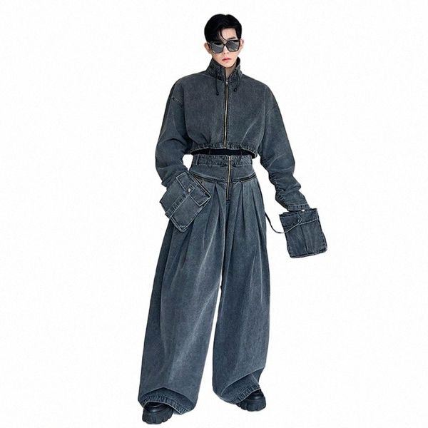 IEFB Herrenbekleidung Persality Denim Hosen Set Zweiteilige Neue Fi Reißverschluss Kurze Jacke Breite Beinhose Große Tasche Herbst 9C1543 B8Tl #