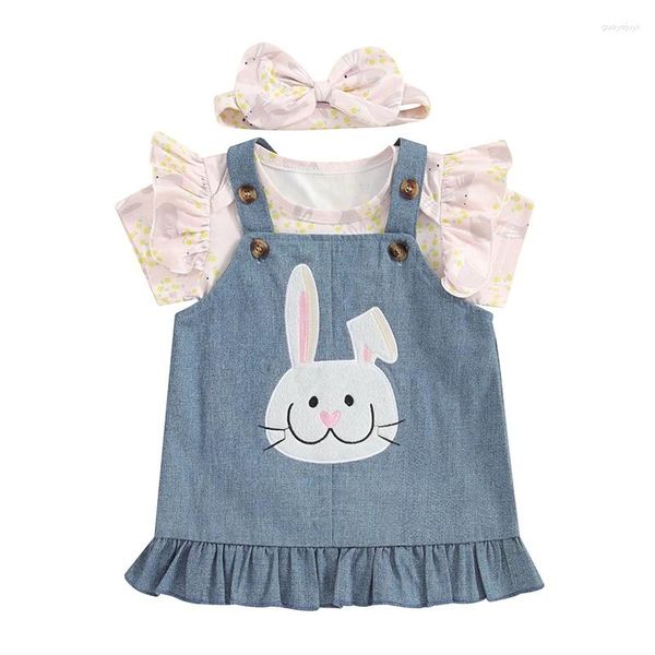 Set di abbigliamento Vestito pasquale per bambina 3 6 9 12 18 mesi Stampa manica corta Pagliaccetto Denim Abito generale Abiti estivi per neonati