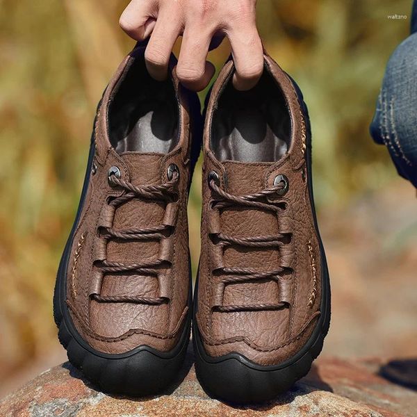 Sapatos casuais masculinos de couro genuíno feitos à mão tamanho grande 48 à prova d'água ao ar livre apartamentos caminhadas escalada