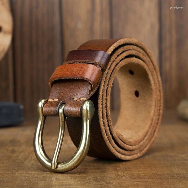 Cinture Cintura originale da uomo in pelle fatta a mano conciata al vegetale con fibbia in ottone per jeans casual di mezza età e giovani