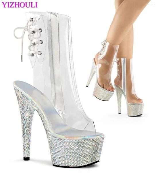 Scarpe da Ballo Completamente Trasparenti 15-17 Cm Modello Sposa Stivali Stiletto Bocca Pesce Cerniera Night Club Caviglia