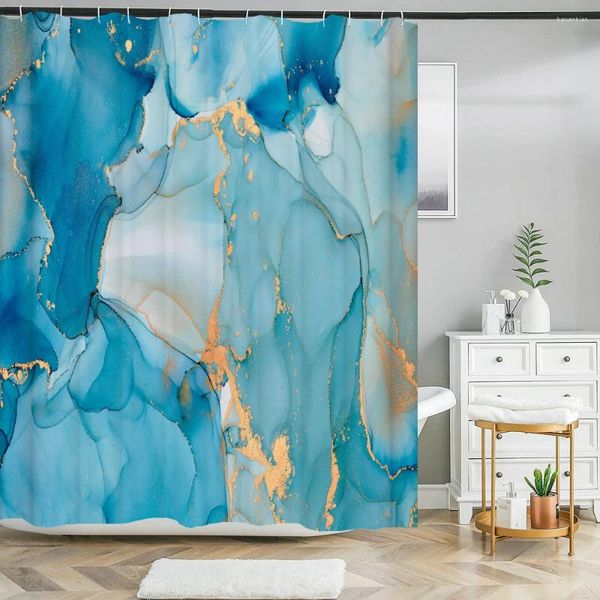 Cortinas de chuveiro azul ouro mármore moderno decoração do banheiro cortina aquarela arte tecido abstrato banheira luxo 180
