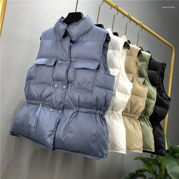 Damenjacken Koreanischer Stil Dicke Puffy Entendaunenjacke Mädchen Winter Ärmellose Weste Frauen Slim Fit Kordelzug Blauer Mantel Weiblich Plus Größe