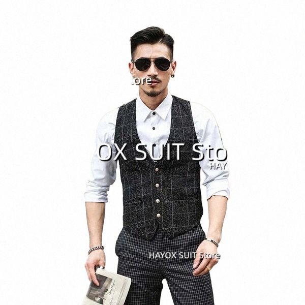 Abito da uomo Gilet con scollo a V monopetto scozzese con maniche Gilet Steampunk Party Wedding Chalecos k01i #