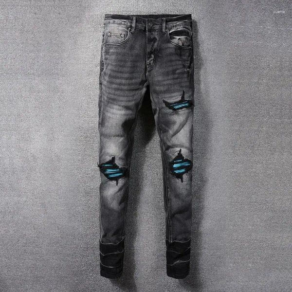 Мужские джинсы Уличная мода Мужские ретро черные серые эластичные узкие брюки с рваными синими кожаными заплатками Дизайнерские брендовые брюки в стиле хип-хоп