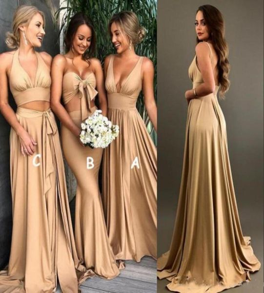 Sexy ouro vestidos de dama de honra com divisão lateral uma linha com decote em v longo boho praia casamento vestidos de convidado dama de honra vestidos plus size5745832