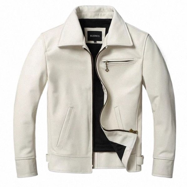 Giacca in vera pelle da uomo Giacca in pelle di vitello con risvolto bianco Cappotto da uomo in pelle bovina naturale Slim Fit Strato superiore Giacca da motociclista in pelle bovina t21v #