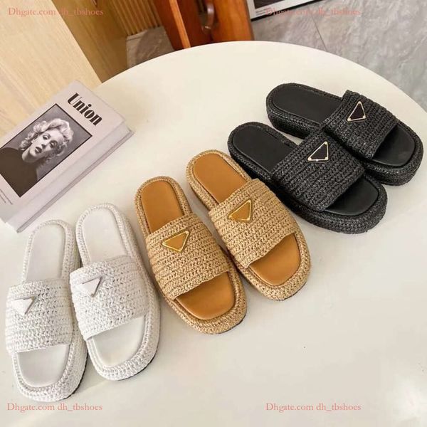 Designer-Sandalen mit goldfarbener Schnalle, zum Hineinschlüpfen in Schwarz, Braun, Pool-Hausschuhe, gehäkelte Prada-Slides, lässige Prada-Sandalen für Damen, Plateau-Wedges, Stroh-Flatform-Slipper, 35–42