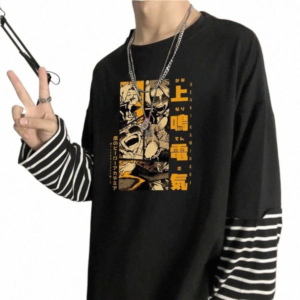 fi Japon anime benim kahraman akademisi çizgili t-shirt üst erkek kadınlar harajuku manga kaminari denki grafik lg kol tişört j1ej#