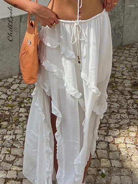 Röcke Elegante Rüschen Weiß Rock Frauen Y2k Casual Lace Up Lose Schlitz Lange Für Weibliche 2024 Sommer Kordelzug Kleidung