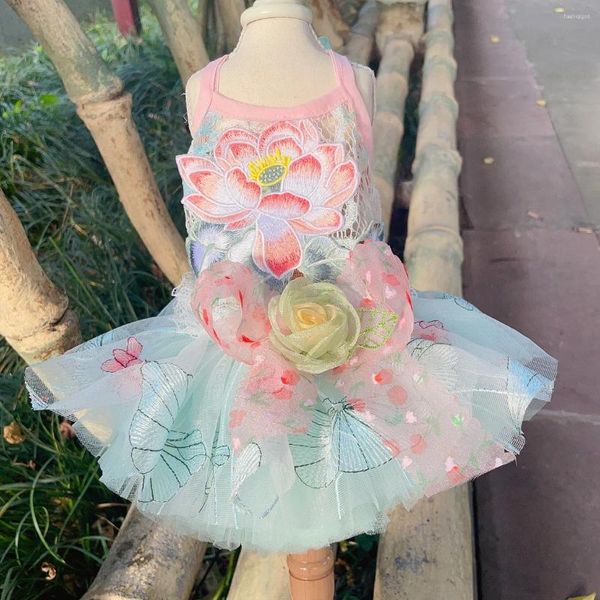 Vestuário para cães verão flor de lótus impressão vestido de princesa para cães pequenos e médios por chihuahua roupas moda artesanal laço arco vestidos de cachorrinho