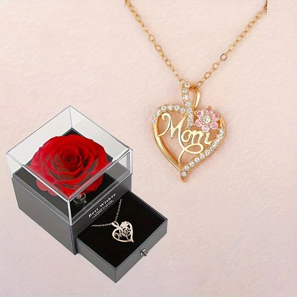 Colar brincos conjunto mãe coração pingente com rosa caixa de presente para aniversário natal romântico 2024 na moda luxo zirocn jóias