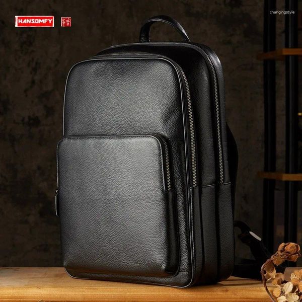 Mochila de couro genuíno dos homens negócios grande capacidade computador saco viagem motocicleta equitação mochilas para homem preto