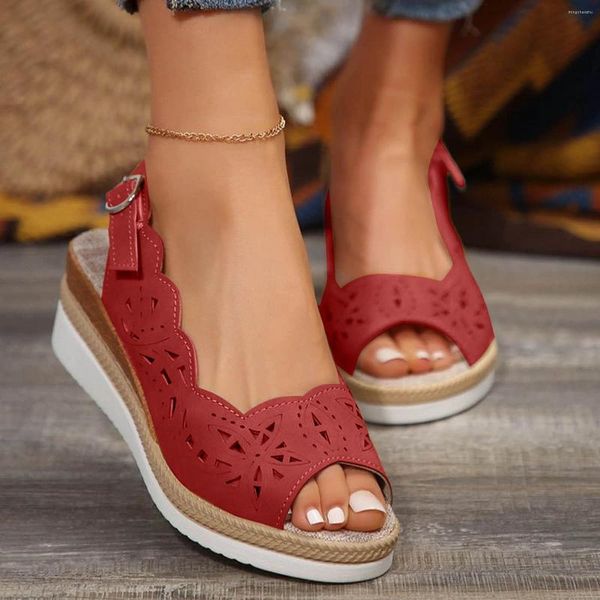 Sandálias femininas oco cunha elegante corte raso fácil em fora de inclinação salto retro roma sapatos mulher 2024 tendência