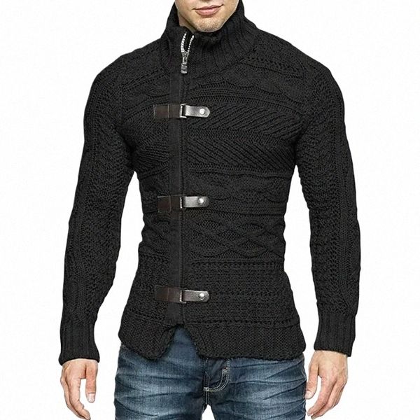 Maglioni da uomo Autunno Inverno Maglione a collo alto da uomo con fibbia in pelle Lg manica cardigan lavorato a maglia Cappotto di grandi dimensioni Abbigliamento uomo 84dy #