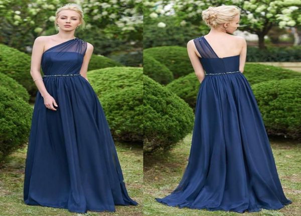 Dunkelblaue Chiffon-Brautjungfernkleider für Damen im Garten, Boho, für Hochzeitsgäste, Partykleider, A-Linie, durchsichtig, einschulterlang, lang, Trauzeugin Wea7670587