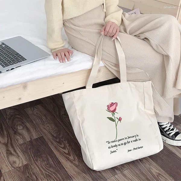 Сумка с вышивкой розы, повседневная парусиновая сумка для женщин, винтажный дизайн, женская сумка с цветочным принтом на плечо, большая вместительная сумка для покупок для девочек