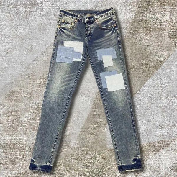Jeans masculinos 2024 azul motocicleta calças punk denim longo moda na moda costura padrão remendo pano rua biker calça jean
