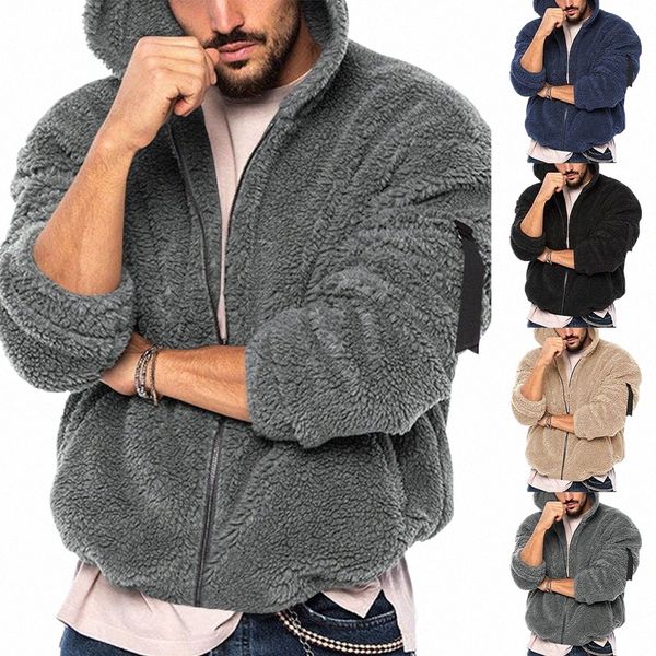 Herren Teddybär Fleece Mantel Winter Herbst Warme LG Ärmel Jacke Pelz Flauschige Kapuzen Outwear Jumper Hoodies Windjacke c0Gm #