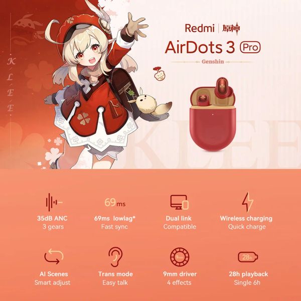 Kopfhörer Joint Limited Custom Game Genshin Impact Klee Redmi Airdots 3 Pro Wireless Bluetooth Headphones Geräuschstorning Cosplay -Geschenk