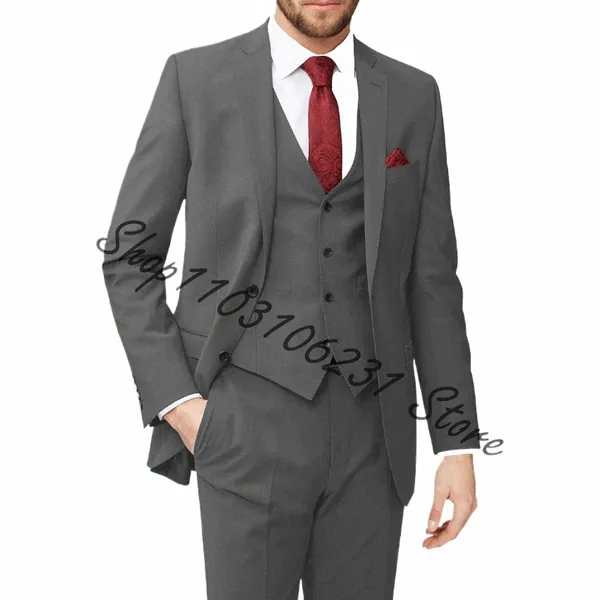 Novos ternos cinza Fi para homens Slim Fit 3 peças jaqueta colete calças conjunto noivo casamento entalhado lapela smoking busin traje homme U1xa #