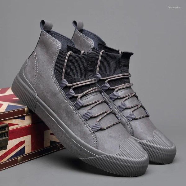 Sapatos casuais masculinos de couro botas coreanas preto alto superior 2024 mocassins resistentes ao desgaste designer lazer vulcanizado