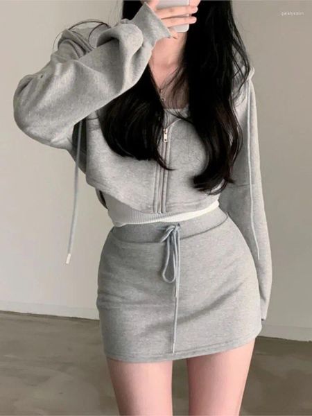 Vestidos de trabalho coreano chique 2 peças conjunto mulheres com capuz zip-up manga comprida casaco cortado com cordão mini saia outono primavera moda roupas sólidas