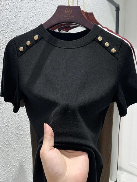 Ofis kadın pamuk tişört kadın için uygun yaz düğmesi tasarımı yuvarlak boyun ağırlığı kaybı üst gotik 240327