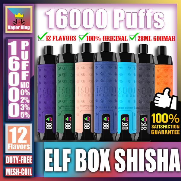 Original ELF BOX SHISHA 16000 16K Puff 16000 16K Recarregável Smart Digital Screen Display Descartável E Cigarro Malha Bobina Vape Pen Com 28ml 600mAh ELFBOX Couro