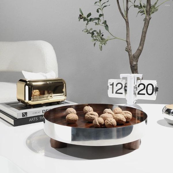 Декоративные статуэтки, современный минималистичный металлический диск из орехового дерева, настольный поднос для хранения закусок, фруктов и всякой всячины, украшение для гостиной, журнальный столик
