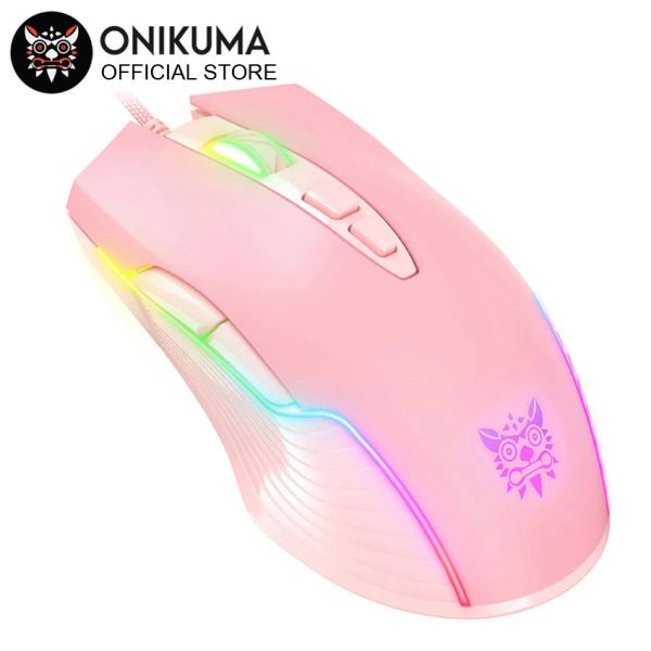 Мышь ONIKUMA 6400 точек на дюйм, проводная игровая мышь, дышащая светодиодная оптическая USB-мышь с 7 кнопками, геймерская компьютерная розовая мышь для ноутбука, ПК, настольного компьютера