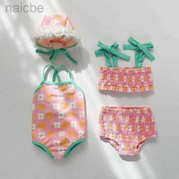 Uma peça de verão bebê menina roupa de banho 0-3years bonito recém-nascido princesa sem mangas flor maiô beachwear terno de uma peça com chapéu natação 24327