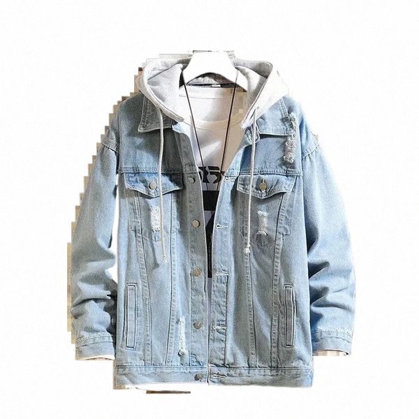 Herbst 2023 Große Männer Einfarbig Vielseitige Persalisierte Einfache Kapuze Denim Hemd Abnehmbare Kapuze Denim Jacke Mantel x5cs #